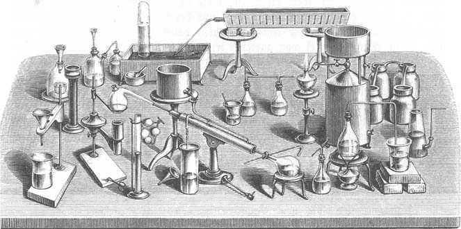 Gerätschaften eines Chemielabors um 1850 